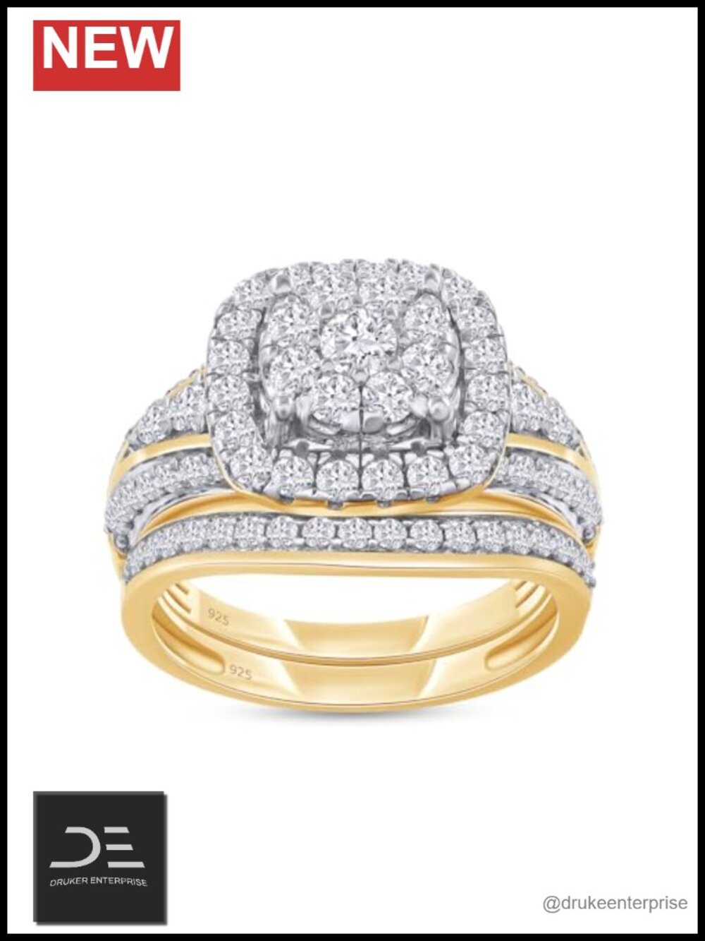Double Halo Bridal Engagement Ring Set Moissanite 14k Yellow Gold Plated